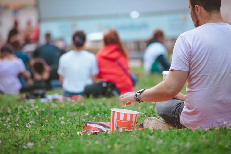 Families watching movie in park