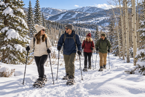 four people snowshoeing with a view of Beaver Creek in the background 